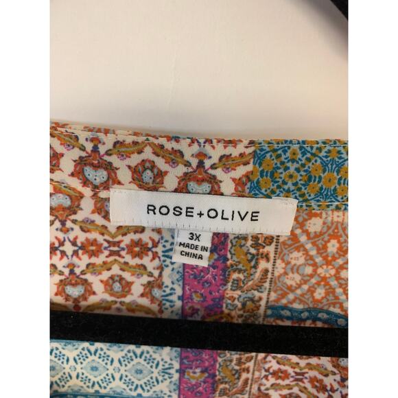 Rose + Olive Womens Blouse SZ 3X Multi Patchwork Print Flutter Sleeves Boho - Picture 6 of 10